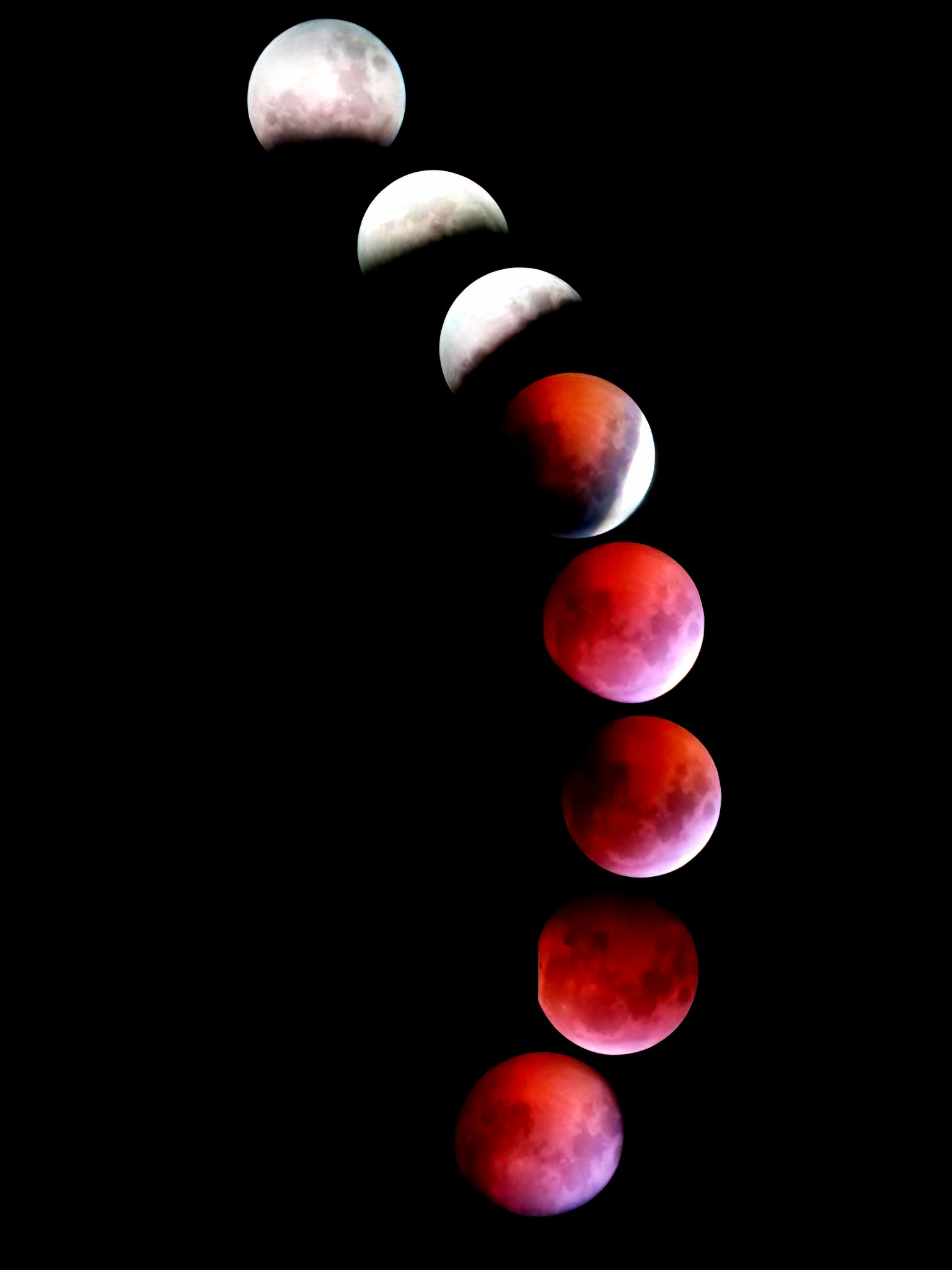 Séquence d’une éclipse lunaire montrant les différentes phases de la Lune rouge